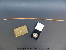 A Royal Engineers' swagger stick, WWI Christmas tin, Cornish cap badge,