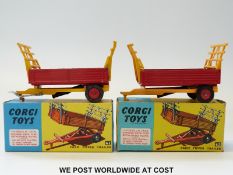 Two Corgi Toys diecast model Farm Tipper Trailers, 62, both with red body, yellow chassis,