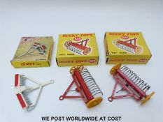 Three Dinky Toys diecast model farm implements comprising two Hay Rakes, 324,