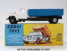 Corgi Toys diecast model Dodge 'Kew Fargo' Tipper, 483, with white cab, blue tipper and cast hubs,