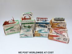 Eight Britains Ltd model farm implements, two Three Furrow Ploughs 9530, Farm Roller 9533,