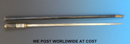 A turn of the 20th century Indian swordstick with ebonised shaft and ivory and brass decoration.