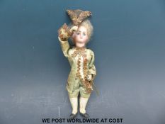 French bisque headed automata doll with fixed blue eyes, closed mouth, blonde hair,