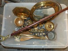 A quantity of metalware to include ship's log, bronze pestle and mortar, horse brasses, copper pan,