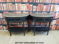 A pair of shaped side tables with single drawer and shelf below (W99 D40 H90cm)