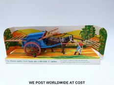 Britains Ltd model Tumbrel Cart 9567, with blue cart with red wheels, brown horse and figure,