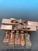Nine jointing or fore woodworking planes, one initialed RR, another named H.