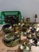 A collection of small brass items together with some silver plate, small weights etc.