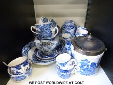A collection of blue and white ceramics including Spode.