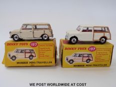 Two Dinky Toys diecast model Morris Mini-Travellers, 197, both with cream body,