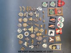A collection of military badges and cloth insignia including Desert Rats, The Queens, Stafford,