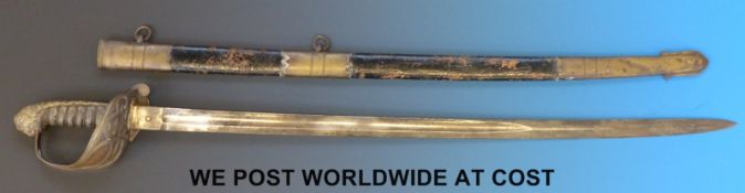 An 1827 pattern Naval officer's sword in leather and brass scabbard