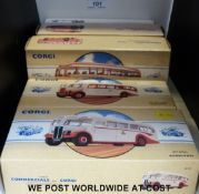 Five Corgi diecast model buses from the Public Transport and the Commercials ranges,