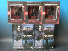 Three Star Wars Code 3 movie poster collectable sculptures together with two The Crow Reel Toys
