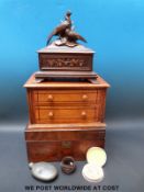 A 19thC mahogany writing slope, pine miniature chest, carved box with bird finials, pewter flask,