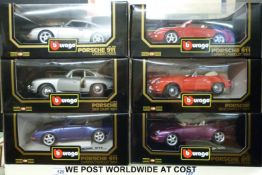 Six Burago Diamonds 1:18 scale diecast model Porsche sports cars, all in original boxes.