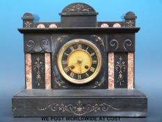 A French mantel clock in black slate case inlaid with pink marble,