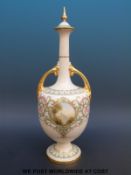 Royal Worcester single stem twin handled vase and cover decorated with scrolling leaves with a