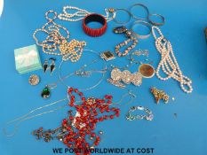 A quantity of silver and costume jewellery including filigree, marcasite bar brooch,