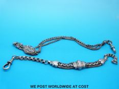 Two white metal fob watch chains