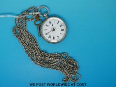 A white metal cased ladies fob watch marked 935 together with an umarked chain