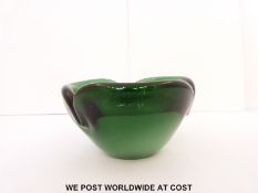 Double overlaid glass dish with green and white casing over green ground, engraved Daum Nancy,