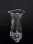 Cristallerie Lorraine tri-lobed glass vase with etched mark, 6cm tall 11cm in diameter.