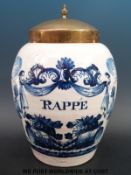 An 18th/19thC Dutch Delft tobacco jar marked 'Rappé' and decorated with native American Indians
