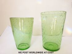 Two Whitefriars green control bubble glass vases,