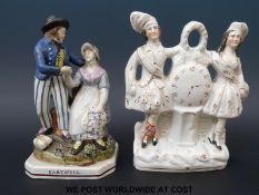A Staffordshire figure group Farewell together of a Staffordshire clock garniture
