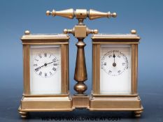 A brass cased miniature carriage clock and barometer compendium,