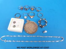 Two silver rings, other rings, two heart cut mystic topaz, silver brooch, silver chain,