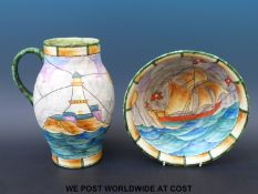 A Crown Devon jug and bowl decorated with sailing ships,