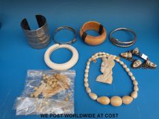 North African white metal bangles, ivory bangles, ivory beaded necklace,