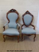 Two 'his & hers' 19thC carved mahogany upholstered chairs with serpentine fronts