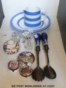 Swarovski ornaments, vintage paperweight, Wedgwood Jasperware salad servers, T G Green plates,
