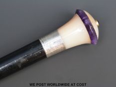 An agate, blue john amethyst and hallmarked silver topped walking cane with ebony shaft, Ldn 1919,