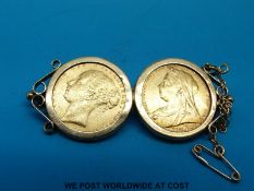 A 9ct gold brooch set with two gold full sovereigns 1900 & 1880 (20.