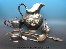 A collection of silver plate including teaset and a large ceramic jug