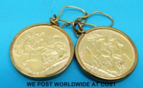 A pair of earrings each set with a 1909 gold full sovereign (18.