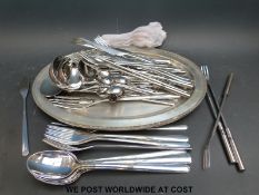 A quantity of modern stainless steel cutlery and two oval plated trays