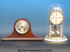 A mahogany cased Napoleon hat style mantel clock of small proportions,
