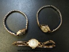 Three 9ct gold ladies wristwatches including Crusader with 9ct expanding strap (15g),