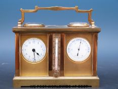 A French gilt carriage clock weather station compendium comprising timepiece, thermometer,