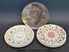 Seven Wedgwood calendar plates and a Royal Doulton Aboriginal plate