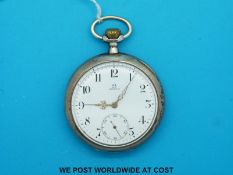 A white metal Omega pocket watch marked 800 with Arabic numerals and subsidiary seconds dial