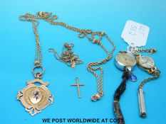 A 9ct gold fob, yellow metal chain, 9ct gold chain,