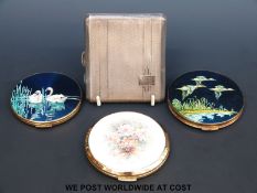 A hallmarked silver cigarette case (weight 104g) and three Stratton compacts