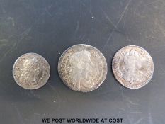 Three Charles II Maundy coins, a 1679 2d,