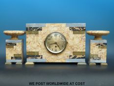 An Art Deco eight day marble clock garniture,